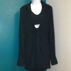 Boutique Women’s S Black textured rayon deep v-neck ls front knot tunic top NWT